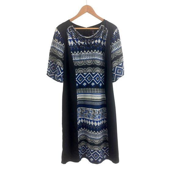 Long Tall Sally Black Blue Mixed Print Jeweled Neckline Sheath Dress Size 18 2X - Picture 7 of 7